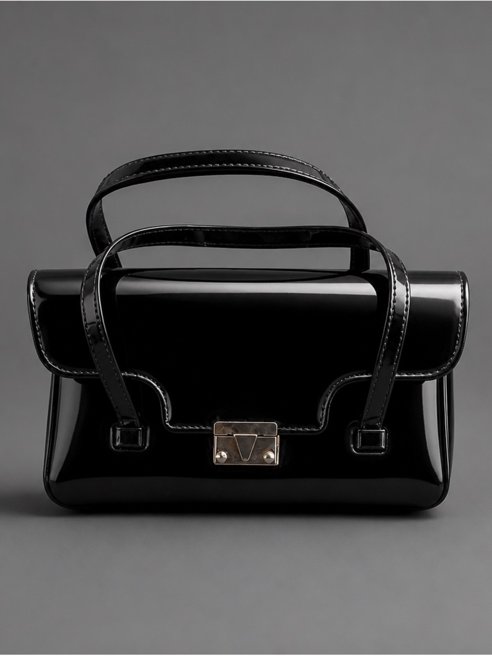 Vintage Spilene Glossy Black Patent Satchel with Metal Clasp